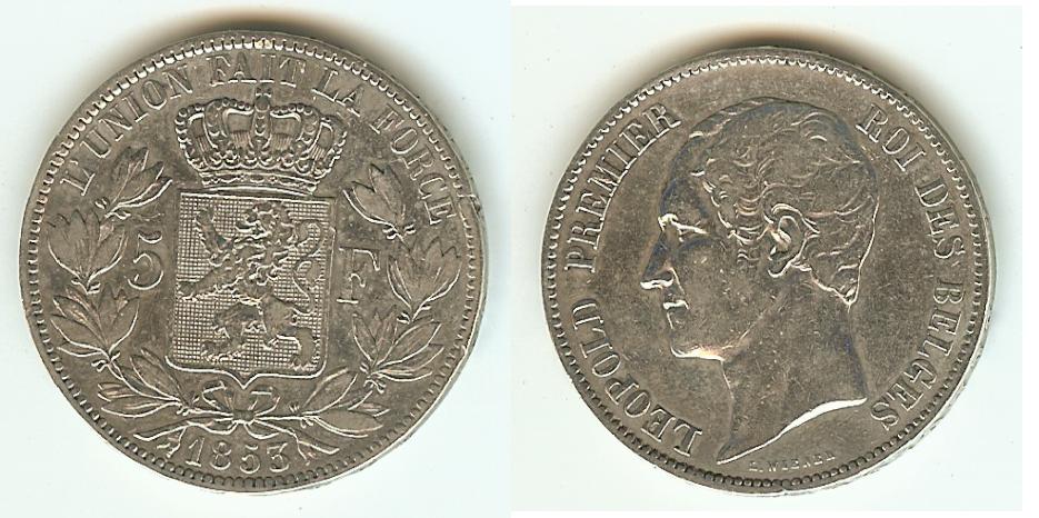 Belgique 5 Francs 1853 TTB- à TTB